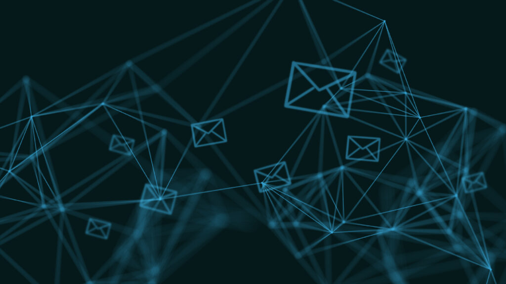 abstract illustration with pieces of mail flying around