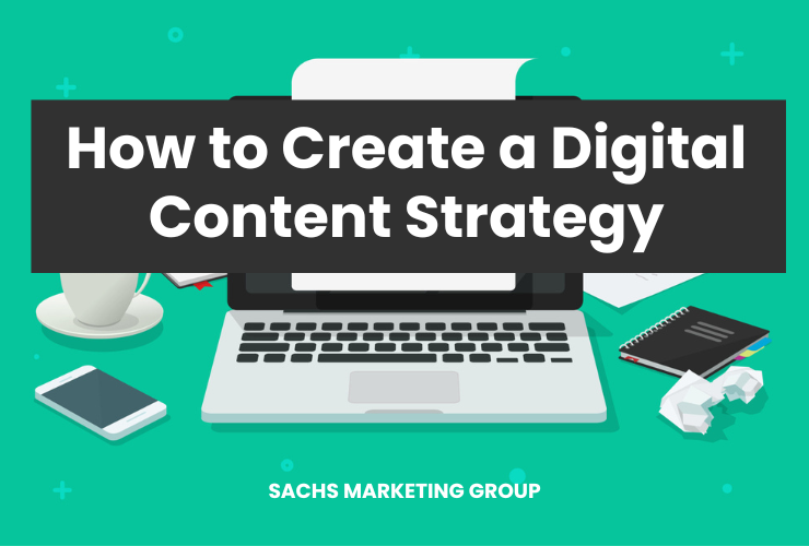 How to Create a Digital Content Strategy. Illustration of laptop with page on screen. Notebook next to laptop. Crumbled ball of paper.